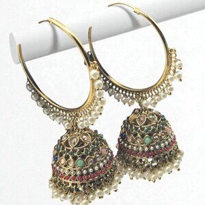 Traditional Multicolor Kundan Pearl Hoop Jhumka Earrings